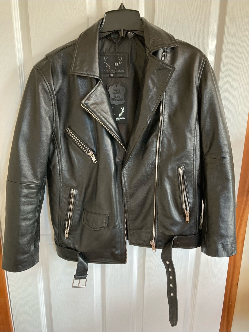 Bod & Christensen Black Leather Moto Biker Jacket XS NWT